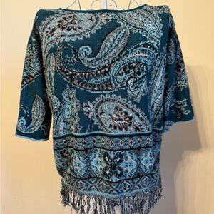 Ruby Rd Petite Paisley Teal Knit Top with fringe hem and silver metallic detail